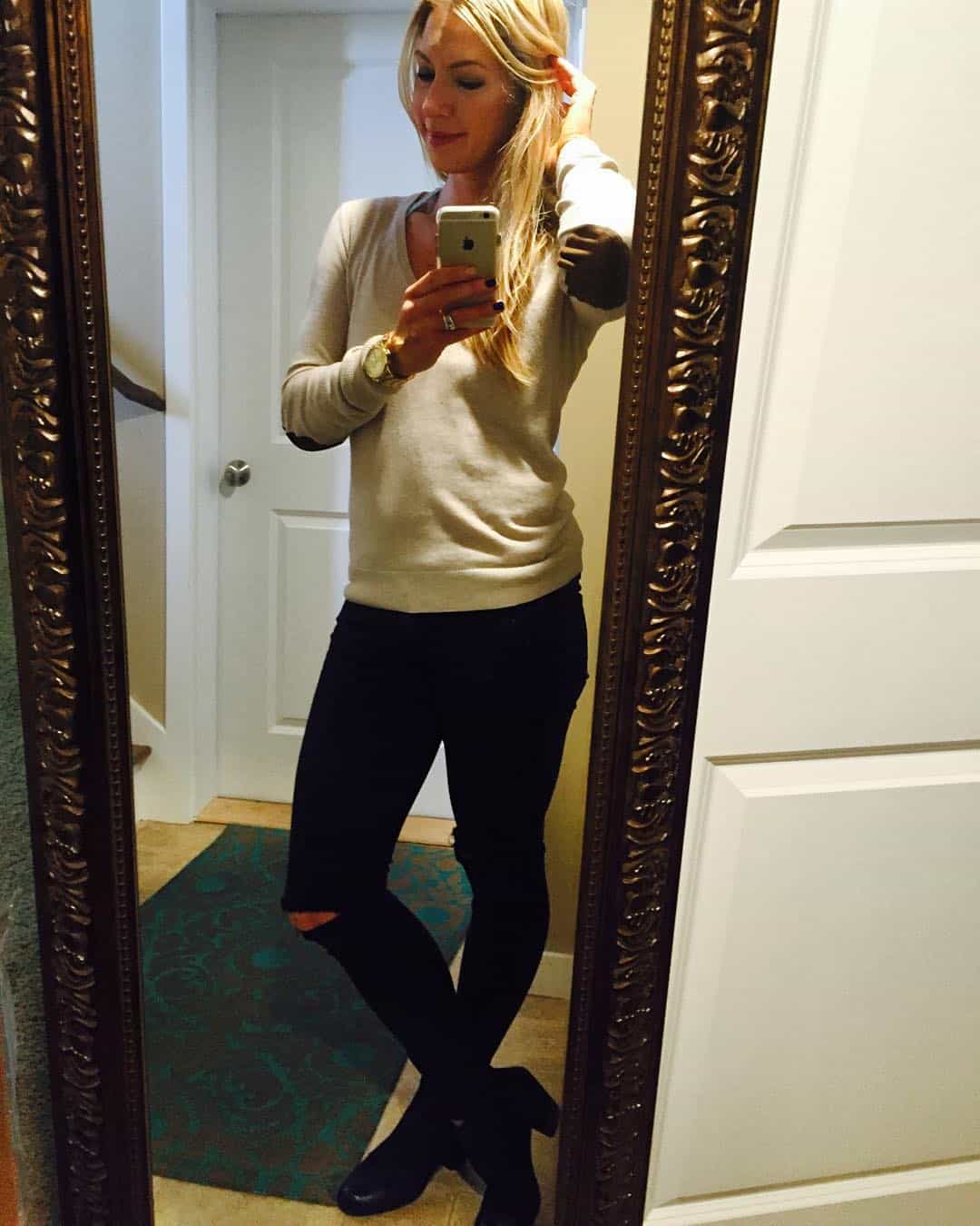 womens clothing, Elbow patches, ripped knees and booties! Yay for a kid-free mommy morning. The fastest 3 hrs I've ever had ;) #workingmom #heels #dressed #noyogapantsforabit