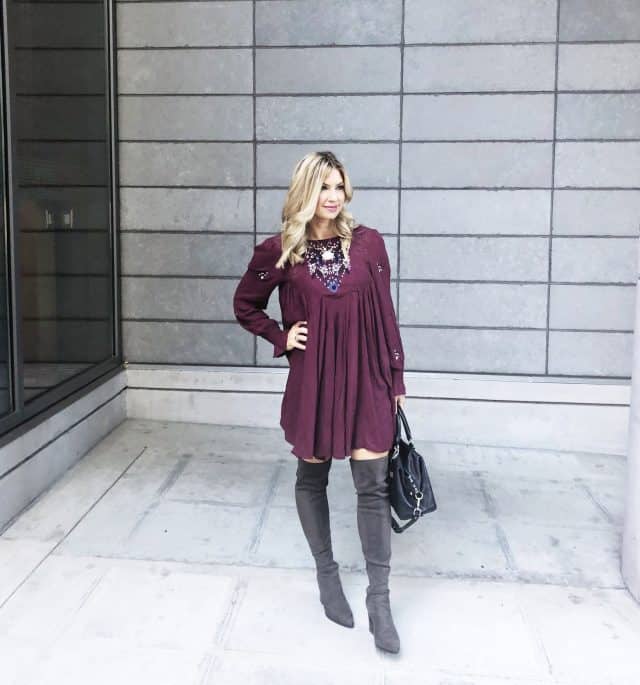 Free People Embroidered Minidress, knee high boots, flowy dress, grey boots, grey knee high boots, free people, free people clothes, free people dress,